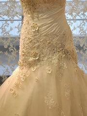 Wedding Dress Long Sleeved, Long Mermaid Strapless Court Train Lace Organza Wedding Dresses