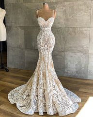 Wedding Dress Customizations, Long Mermaid Sweetheart Spaghetti Straps Appliques Lace Wedding Dress