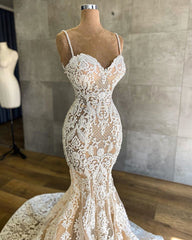 Wedding Dress Custom, Long Mermaid Sweetheart Spaghetti Straps Appliques Lace Wedding Dress