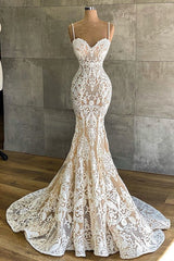 Wedding Dresses Custom, Long Mermaid Sweetheart Spaghetti Straps Appliques Lace Wedding Dress