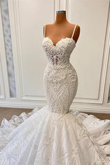 Wedding Dresses Collection, Long Mermaid Sweetheart Spaghetti Straps Tulle Beading Wedding Dress with Ruffles