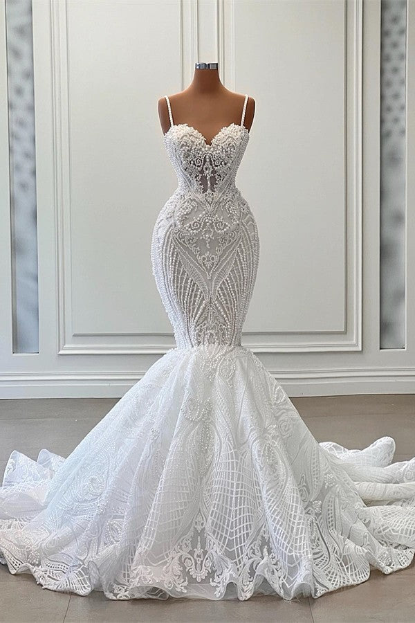 Wedsing Dresses Vintage, Long Mermaid Sweetheart Spaghetti Straps Tulle Beading Wedding Dress with Ruffles