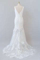 Wedding Dresses Trends, Long Mermaid V-neck Appliques Tulle Lace Wedding Dress