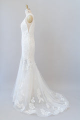 Wedding Dresses Trending, Long Mermaid V-neck Appliques Tulle Lace Wedding Dress