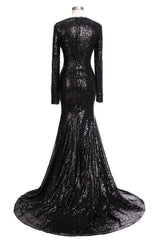 Party Dresses For Over 67S, Long Mermaid V-Neck Black Sequins Prom Dresses with Sleeves