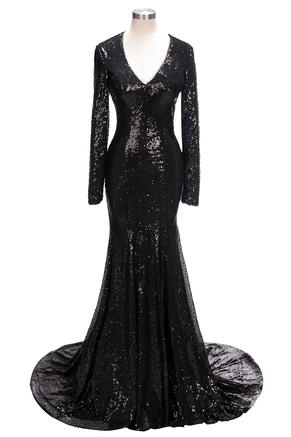 Party Dress Over 67, Long Mermaid V-Neck Black Sequins Prom Dresses with Sleeves