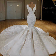 Wedding Dress Back, Long Mermaid V-neck Lace Wedding Dress