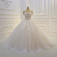 Wedding Dresses Idea, Long Off the Shoulder Sweetheart Ball Gown Sequin Appliques Lace Wedding Dress
