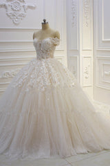 Wedding Dress Styled, Long Off the Shoulder Sweetheart Ball Gown Sequin Appliques Lace Wedding Dress