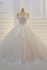 Wedding Dress For, Long Off the Shoulder Sweetheart Ball Gown Sequin Appliques Lace Wedding Dress