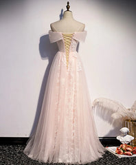 Party Dress Meaning, Long Pink Off Shoulder A-line Prom Dress with Lace, Sweetheart Evening Dress