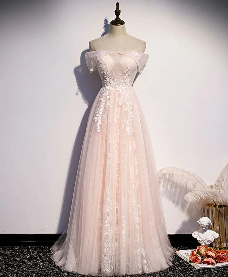 Party Dress Set, Long Pink Off Shoulder A-line Prom Dress with Lace, Sweetheart Evening Dress