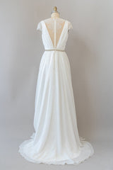 Wedding Dresses Cheaper, Long Sheath V-neck Lace Chiffon Wedding Dress with Cap Sleeves