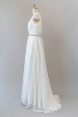 Wedding Dress Cheaper, Long Sheath V-neck Lace Chiffon Wedding Dress with Cap Sleeves