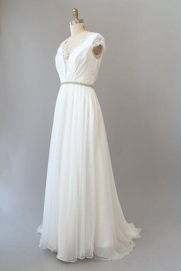 Wedding Dress 2029, Long Sheath V-neck Lace Chiffon Wedding Dress with Cap Sleeves