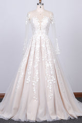 Wedding Dress Online Shopping, Long Sleeve Appliques Lace Tulle A-line Wedding Dress