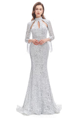 Evening Dress Style, Long Sleeve Mermaid Prom Dresses Silver Sequins Trumpet