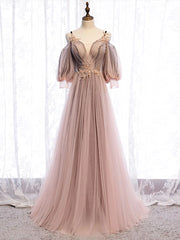 Formal Dresses Homecoming, Long Sleeves Pink Tulle Long Party Dress with Lace, Pink Floor Length Prom Dress