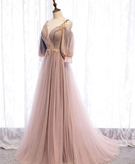 Formal Dress With Sleeve, Long Sleeves Pink Tulle Long Party Dress with Lace, Pink Floor Length Prom Dress