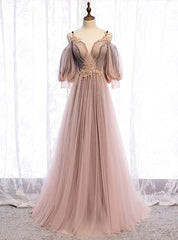 Formal Dresses With Tulle, Long Sleeves Pink Tulle Long Party Dress with Lace, Pink Floor Length Prom Dress