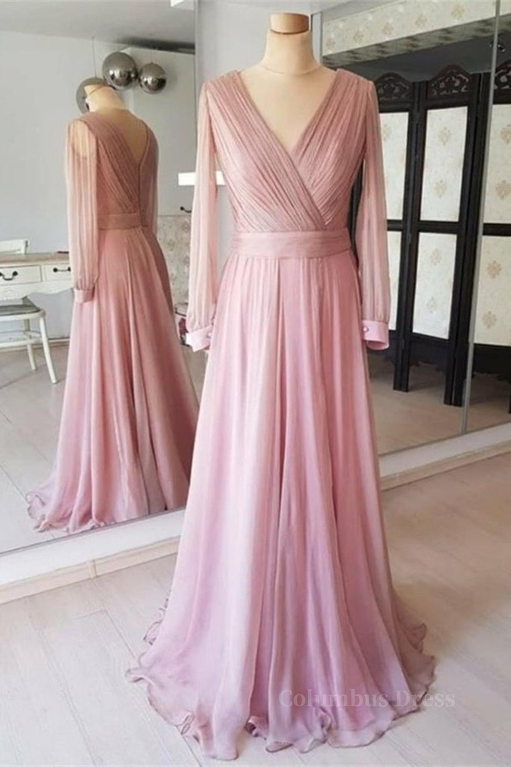 Bridesmaid Dress Satin, Long Sleeves V Neck Pink Chiffon Long Prom Dress, Long Sleeves Pink Bridesmaid Dress, Pink Formal Evening Dress