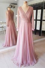Bridesmaid Dress Satin, Long Sleeves V Neck Pink Chiffon Long Prom Dress, Long Sleeves Pink Bridesmaid Dress, Pink Formal Evening Dress