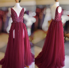 Prom Dresses Ballgown, Long Tulle V-neck Prom Dresses Sequin Beaded Evening Gowns