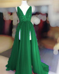 Prom Dress Ballgown, Long Tulle V-neck Prom Dresses Sequin Beaded Evening Gowns
