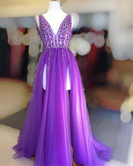Prom Dresses For Brunettes, Long Tulle V-neck Prom Dresses Sequin Beaded Evening Gowns