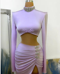 Prom Dress Inspiration, Long Two Piece Mermaid High Neck Split Prom Dress with Sleeves