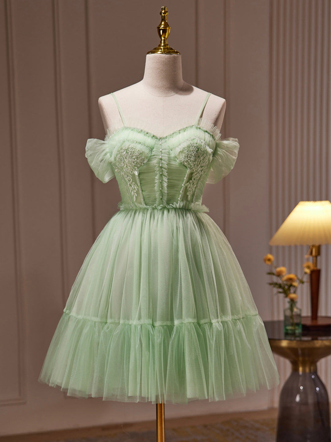 Prom Dresses 2044 Cheap, Green Tulle Lace Short Prom Dress, Cute Homecoming Dress, Green Party Dress