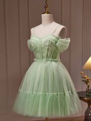 Prom Dress Sleeve, Green Tulle Lace Short Prom Dress, Cute Homecoming Dress, Green Party Dress