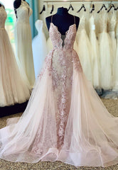 Bridesmaid Dress Strapless, Plunging V-Neck Lace Long Prom Dresses, Pink Evening Dresses