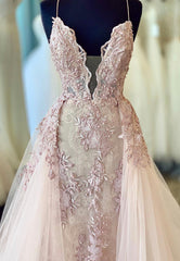 Bridesmaids Dresses Strapless, Plunging V-Neck Lace Long Prom Dresses, Pink Evening Dresses