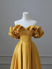 Casual Dress, Yellow Satin Long Prom Dress, Off Shoulder A-Line Evening Dress