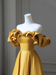 Party Dress Baby, Yellow Satin Long Prom Dress, Off Shoulder A-Line Evening Dress