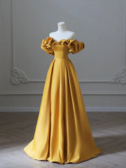 Party Dress Afternoon Tea, Yellow Satin Long Prom Dress, Off Shoulder A-Line Evening Dress