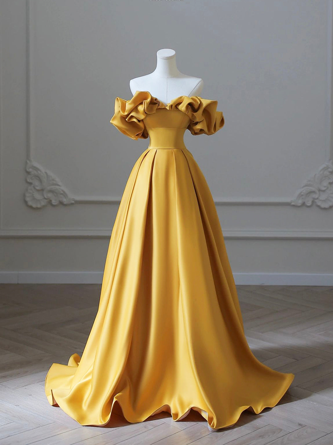 Party Dresses For Babies, Yellow Satin Long Prom Dress, Off Shoulder A-Line Evening Dress