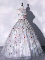 Bridesmaid Dresses Ideas, Lovely Strapless Floral Tulle Long Prom Dress, Gray  A-Line Evening Party Dress