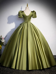 Prom Dress Lace, Green Satin Short Sleeve Floor Length Formal Dress, Green A-Line Prom Dress