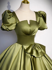 Prom Dresses Laced, Green Satin Short Sleeve Floor Length Formal Dress, Green A-Line Prom Dress