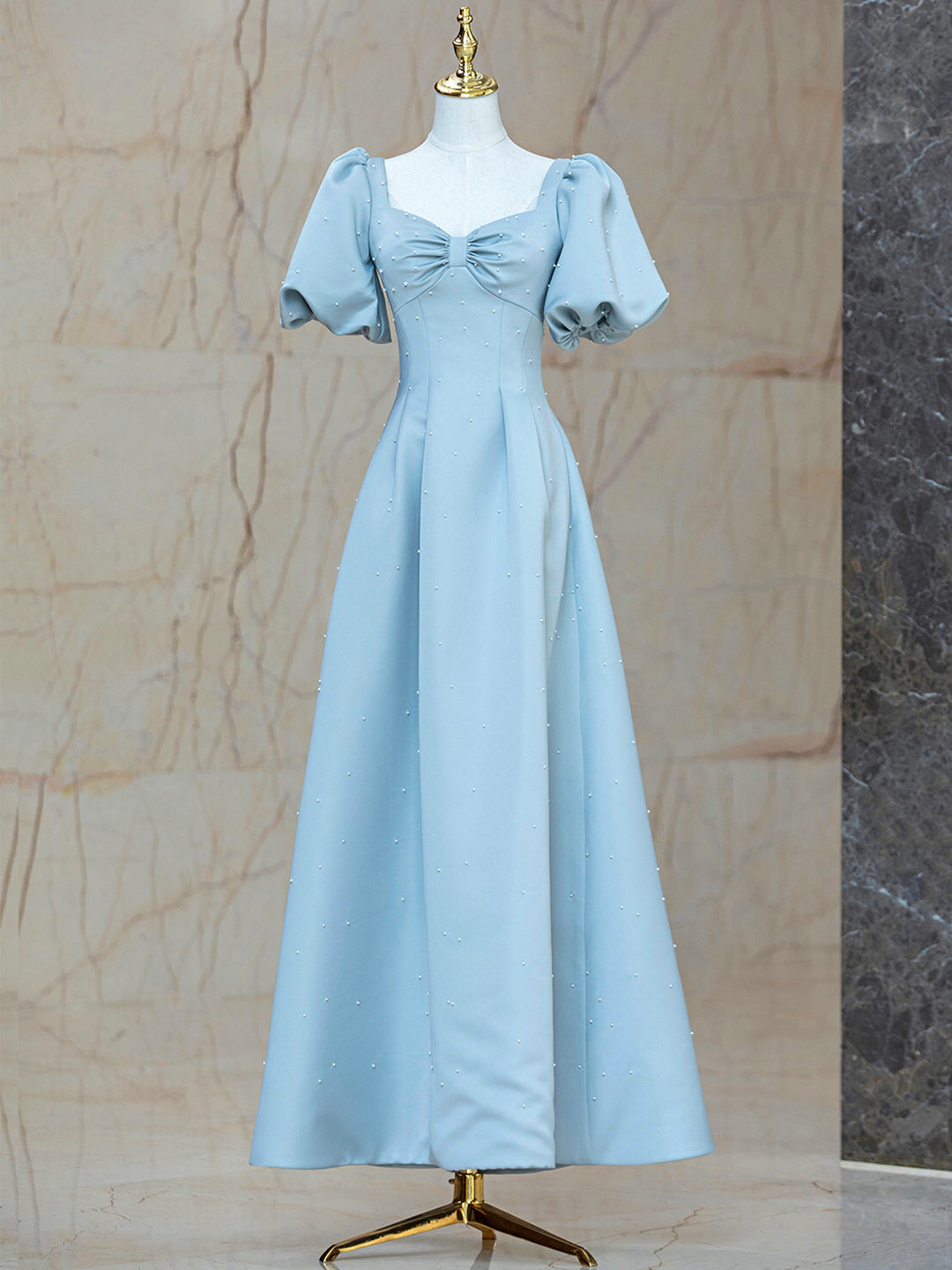 Non Traditional Wedding Dress, Blue Satin Pearl Long Prom Dress, A-Line Blue Evening Party Dress