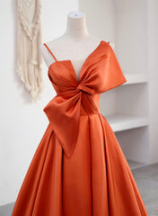 Party Dress Size 182, Spaghetti Straps Orange Satin Prom Formal Dress, A-Line Floor Length Evening Dress