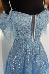 Party Dresses Outfits, Blue Spaghetti Strap Sequined Lace Prom Dress, Blue Lace-Up Evening Dress