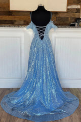 Party Dress Shop, Blue Spaghetti Strap Sequined Lace Prom Dress, Blue Lace-Up Evening Dress