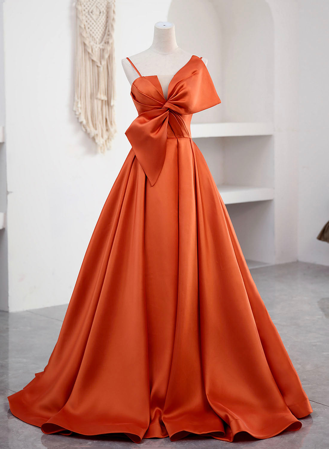 Party Dress Aesthetic, Spaghetti Straps Orange Satin Prom Formal Dress, A-Line Floor Length Evening Dress