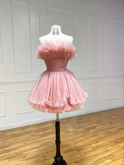 Bridesmaid Dresses Designer, Pink Strapless Tulle Short Prom Dress, Cute A-Line Homecoming Dress