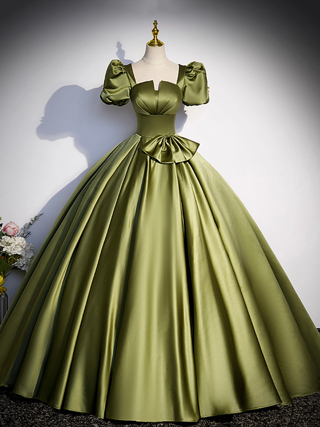 Prom Dresses Ball Gowns, Green Satin Short Sleeve Floor Length Formal Dress, Green A-Line Prom Dress