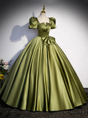 Prom Dresses Laces, Green Satin Short Sleeve Floor Length Formal Dress, Green A-Line Prom Dress