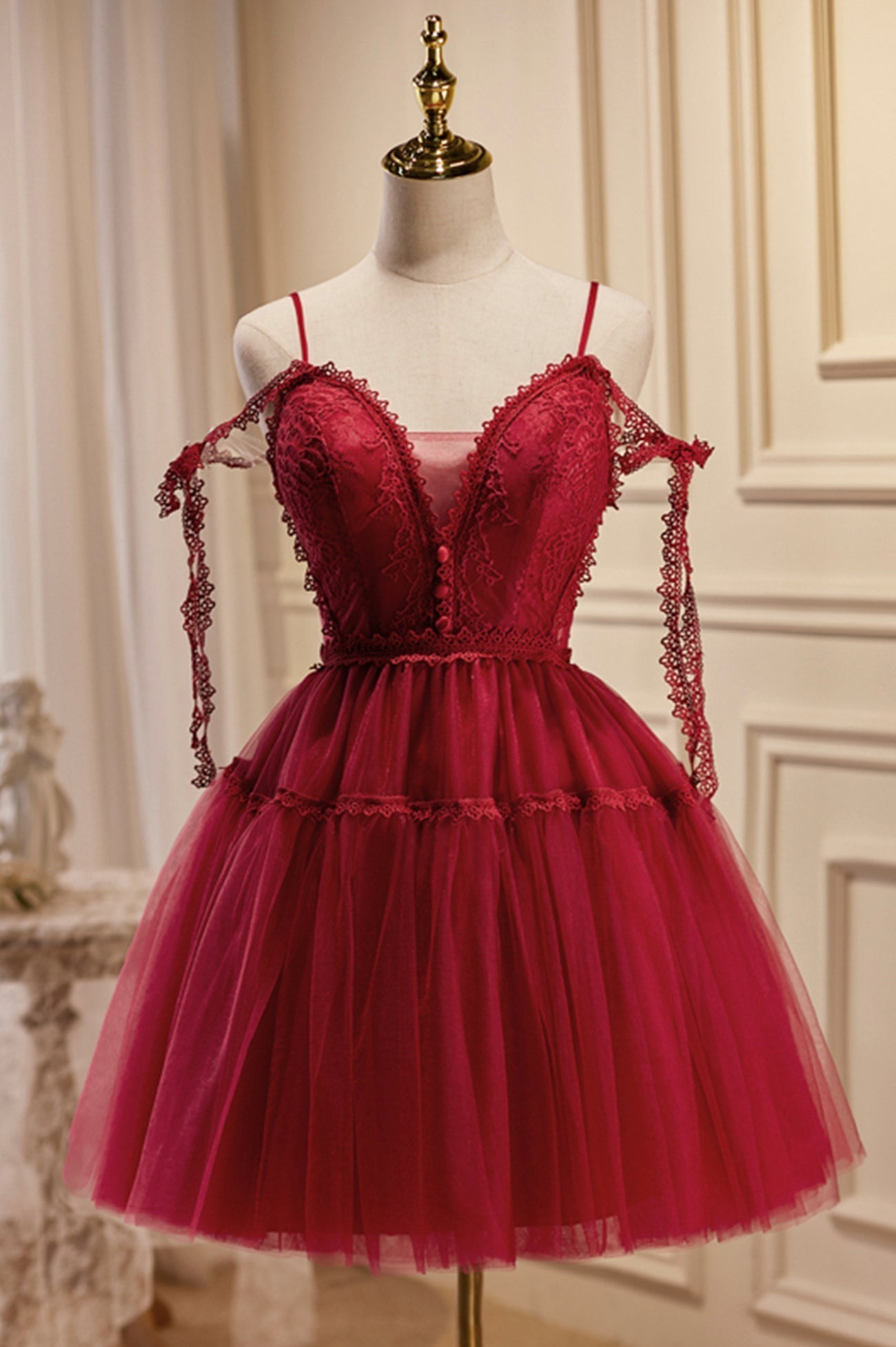 Formal Dress Outfits, Burgundy Lace Short A-line Prom Dress, Cute Spaghetti Strap Party Dress